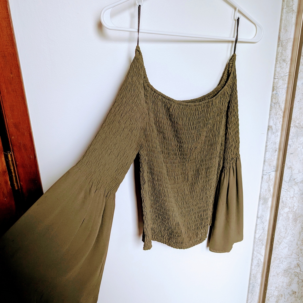 Express Green Smocked Asymmetrical Long Sleeve Blouse